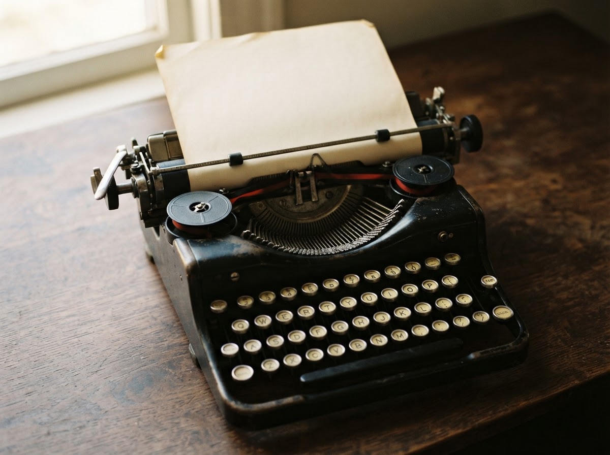 A vintage typewriter on a wooden writing desk
